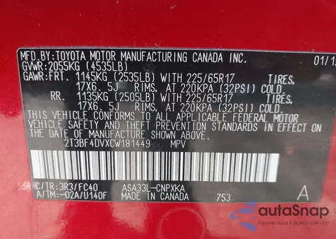 2012 Toyota Rav4 из США, поврежденный, VIN 2T3BF4DVXCW181449